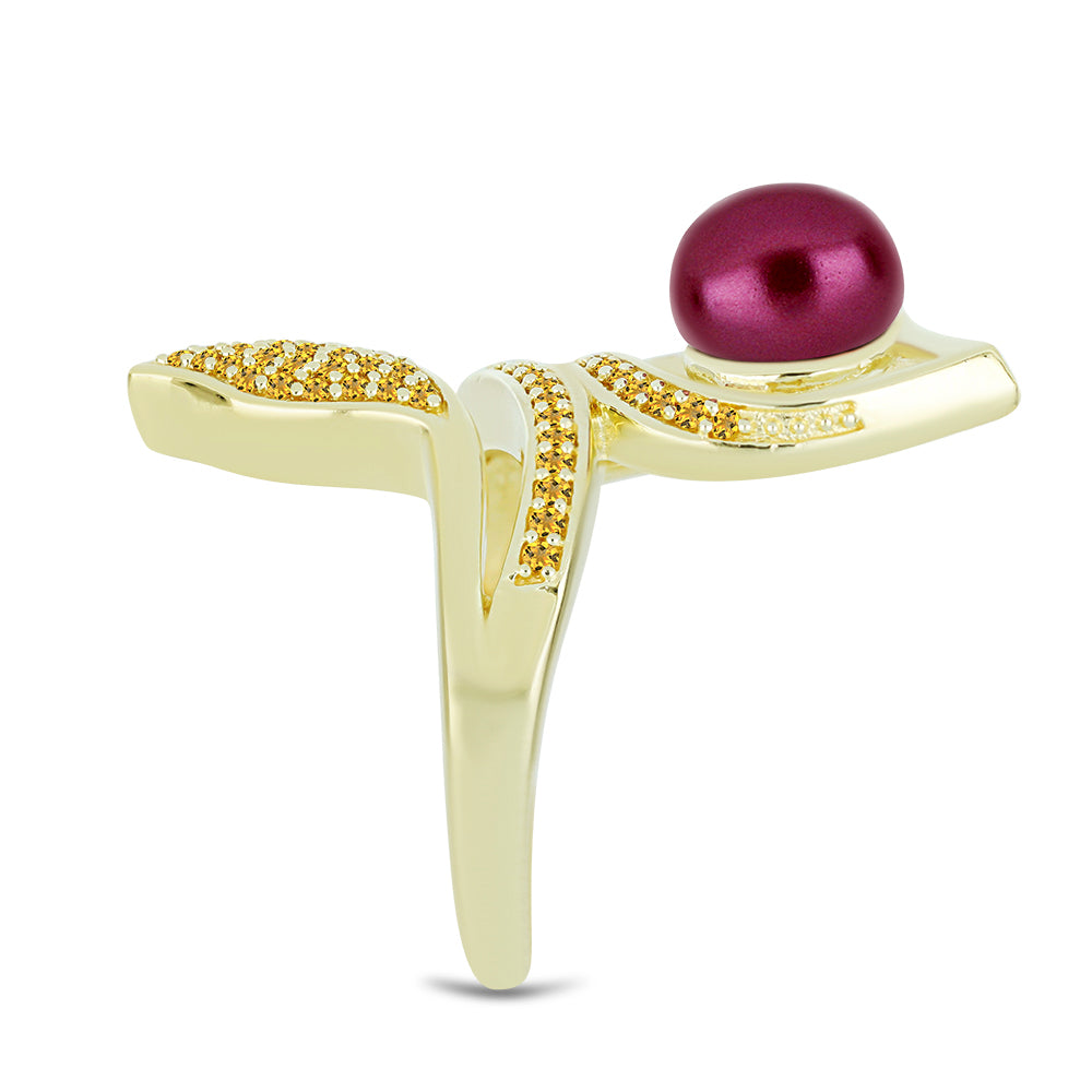 Arannyal Bevont Ezüst Gyűrű Lila színű Édesvízi Kagylógyönggyel és Ural Citrinnel