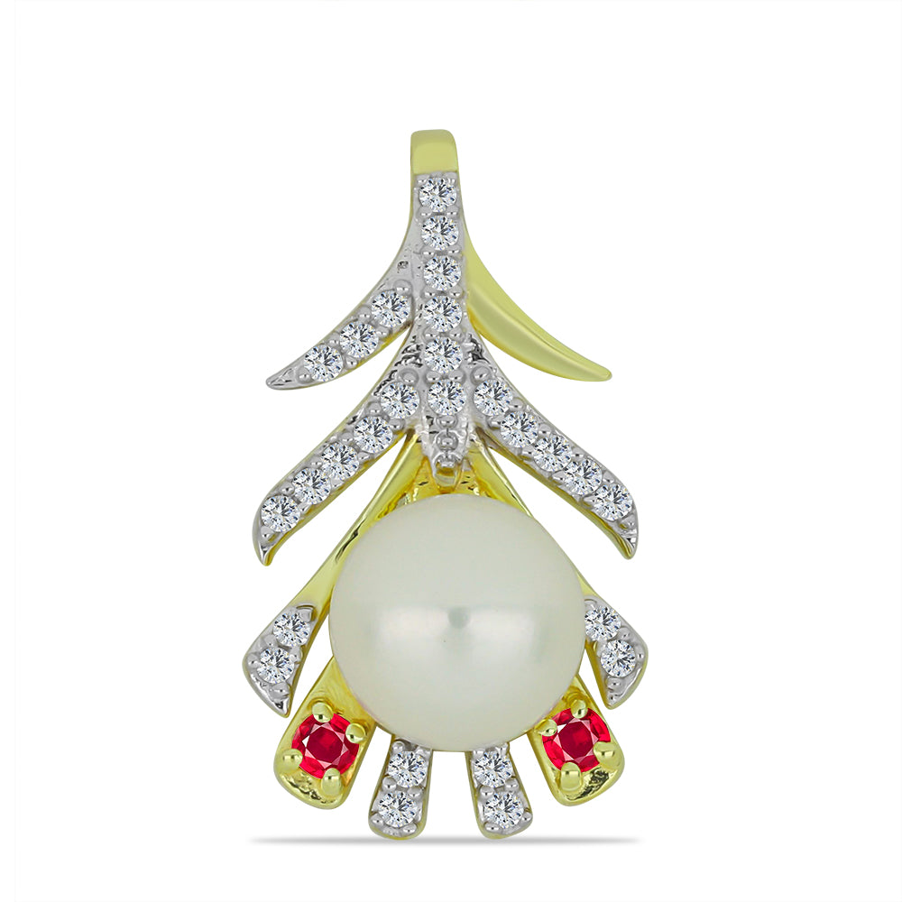 Arannyal Bevont Ezüst Medál Fehér Édesvízi Kagylógyönggyel és Madagaszkári Rubinnal