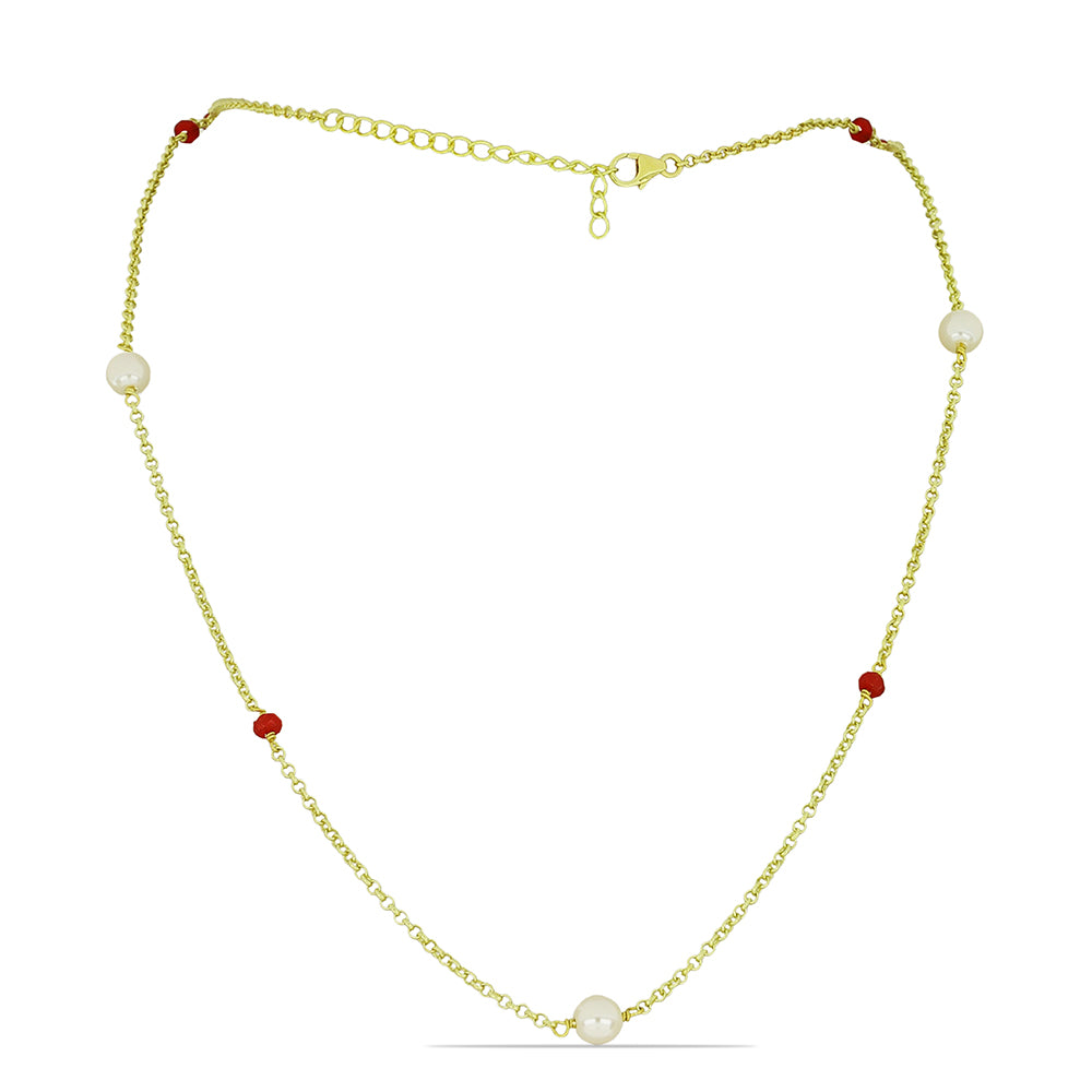 Arannyal Bevont Ezüst Nyaklánc Fehér Édesvízi Kagylógyönggyel és Madagaszkári Rubinnal 1 