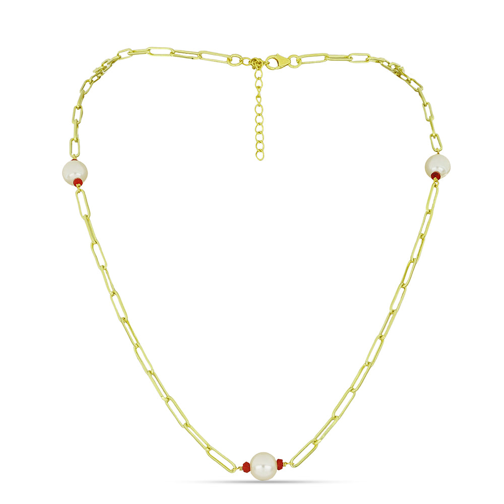 Arannyal Bevont Ezüst Nyaklánc Fehér Édesvízi Kagylógyönggyel és Madagaszkári Rubinnal