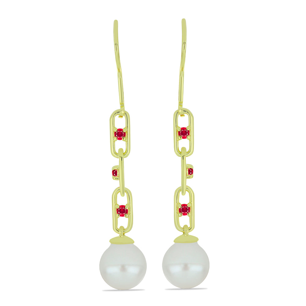 Arannyal Bevont Ezüst Fülbevaló Fehér Édesvízi Kagylógyönggyel és Madagaszkári Rubinnal 1 