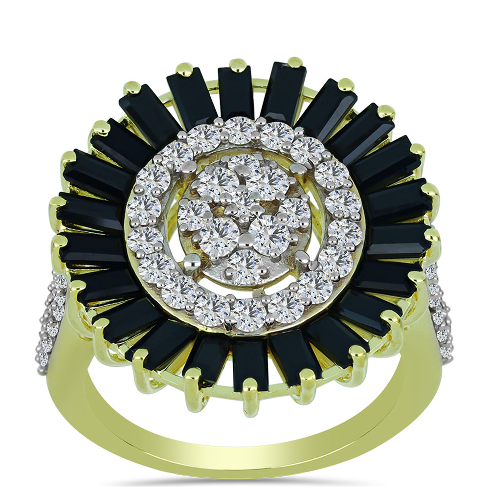 Arannyal Bevont Ezüst Gyűrű Obszidiánnal és Fehér Topázzal