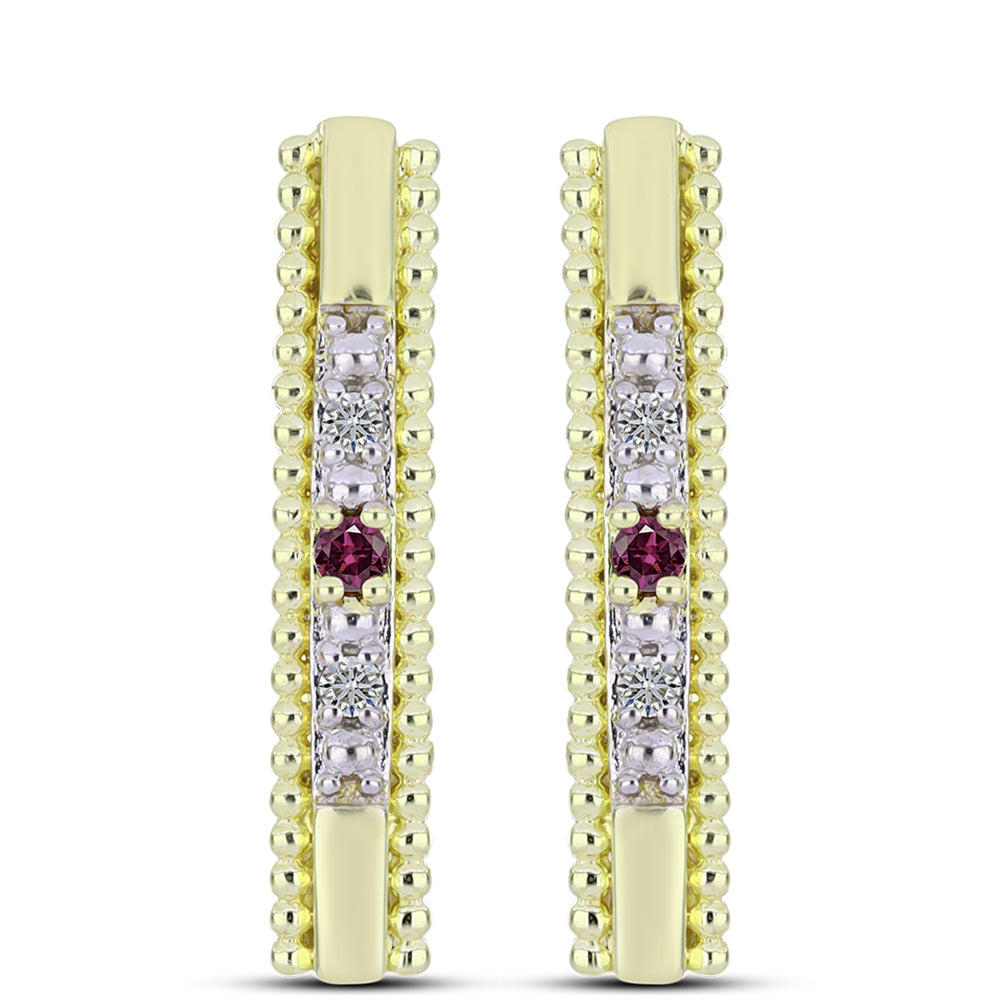 Arannyal Bevont Ezüst Fülbevaló Bíbor Gyémánttal és Fehér Gyémánttal