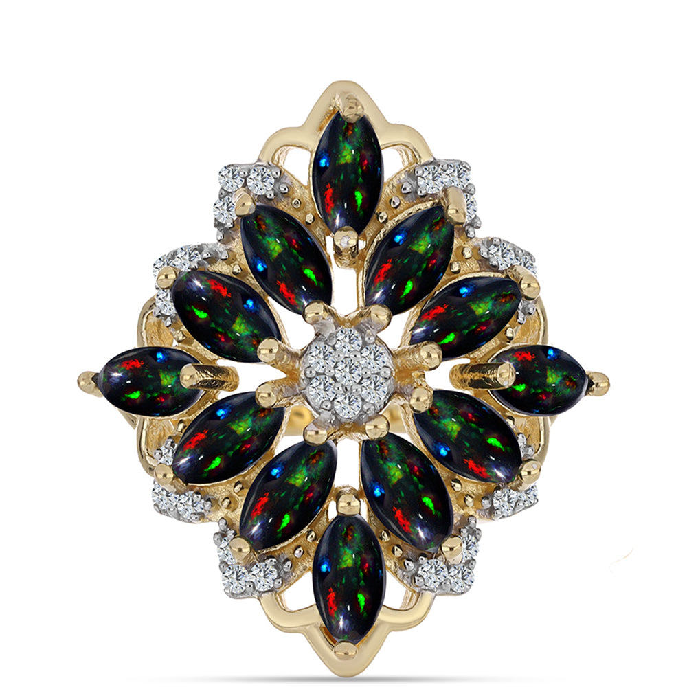 Arannyal Bevont Ezüst Gyűrű Lega Dembi Éjfekete Etiópiai Opállal és Fehér Topázzal