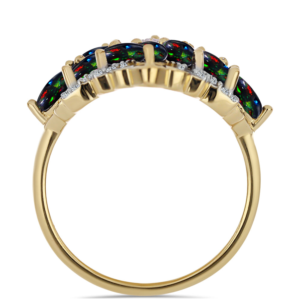 Arannyal Bevont Ezüst Gyűrű Lega Dembi Éjfekete Etiópiai Opállal és Fehér Topázzal