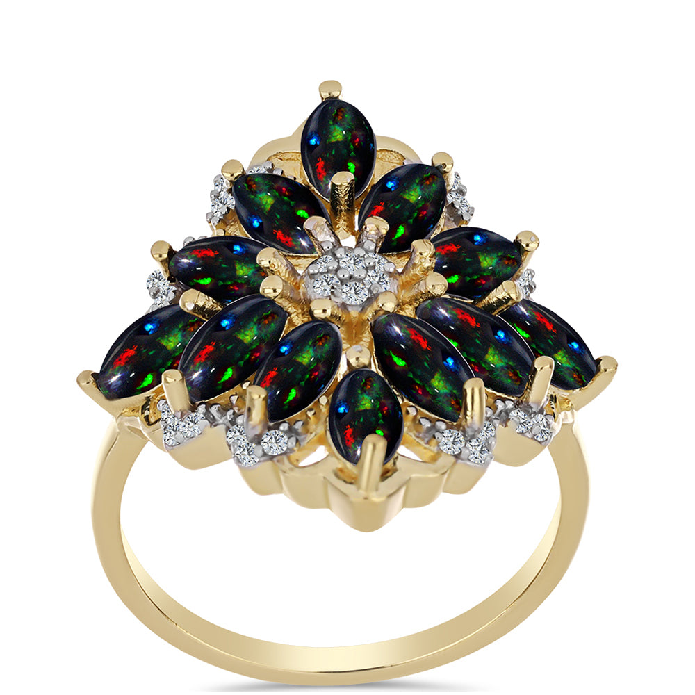 Arannyal Bevont Ezüst Gyűrű Lega Dembi Éjfekete Etiópiai Opállal és Fehér Topázzal 3 