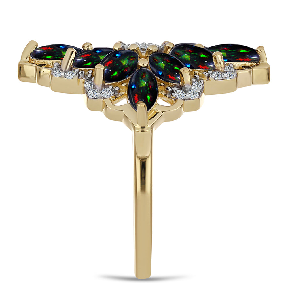 Arannyal Bevont Ezüst Gyűrű Lega Dembi Éjfekete Etiópiai Opállal és Fehér Topázzal 4 