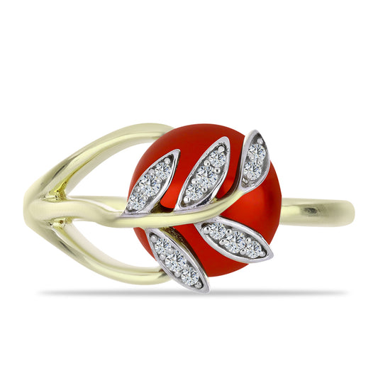 Arannyal Bevont Ezüst Gyűrű Vörös Édesvízi Kagylógyönggyel és Fehér Topázzal