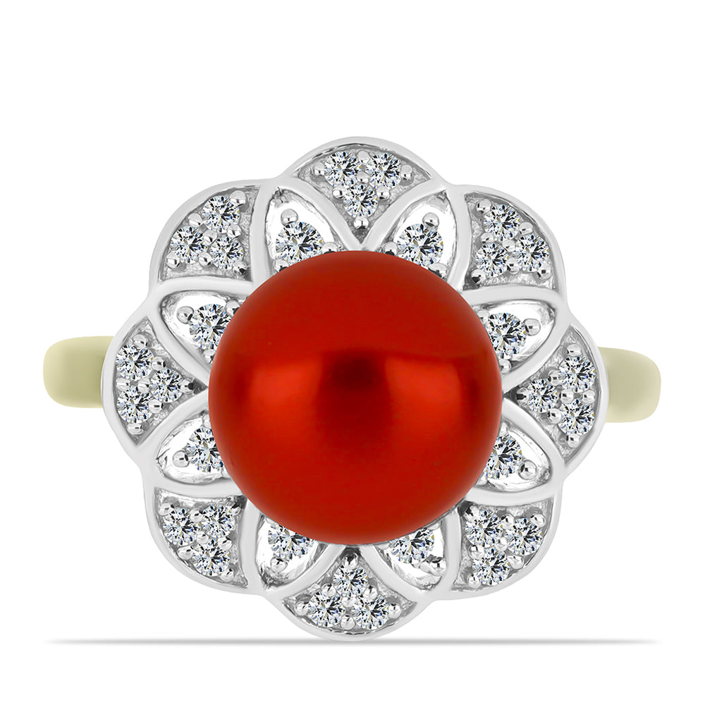 Arannyal Bevont Ezüst Gyűrű Vörös Édesvízi Kagylógyönggyel és Fehér Topázzal 1 