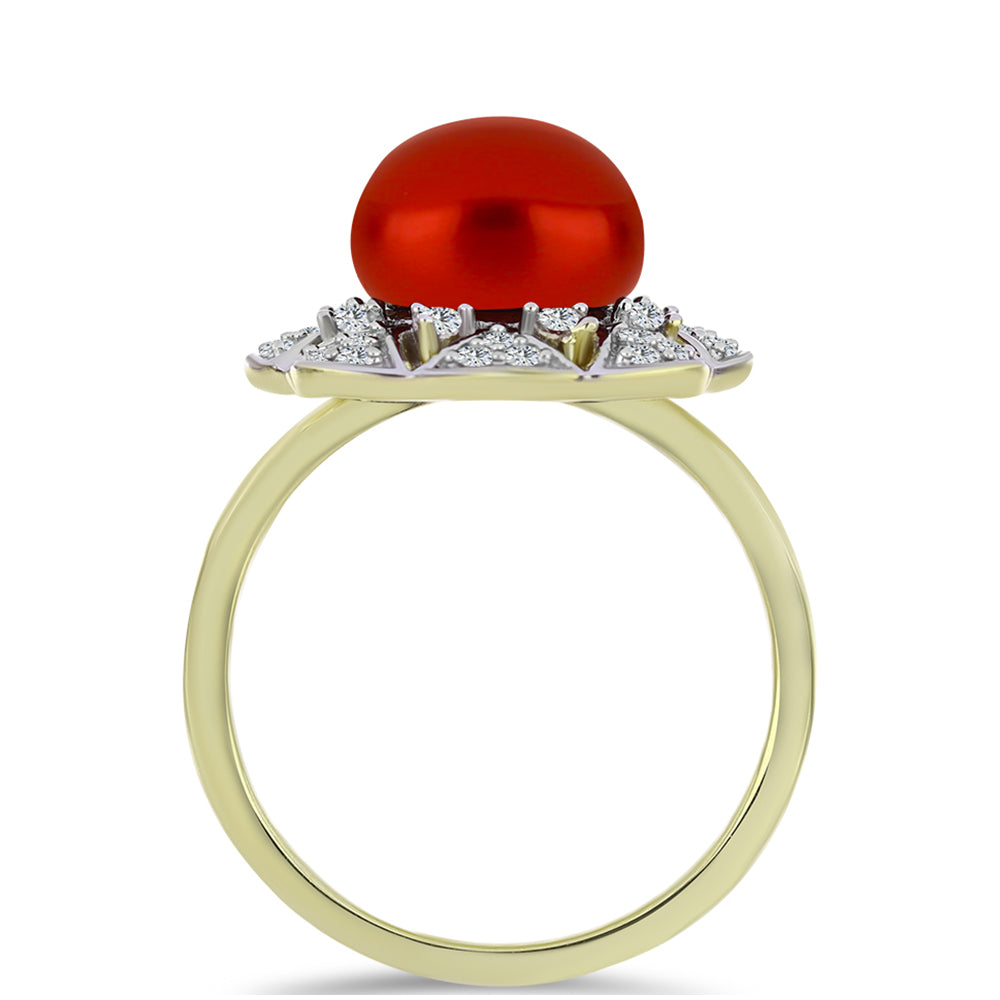 Arannyal Bevont Ezüst Gyűrű Vörös Édesvízi Kagylógyönggyel és Fehér Topázzal 2 