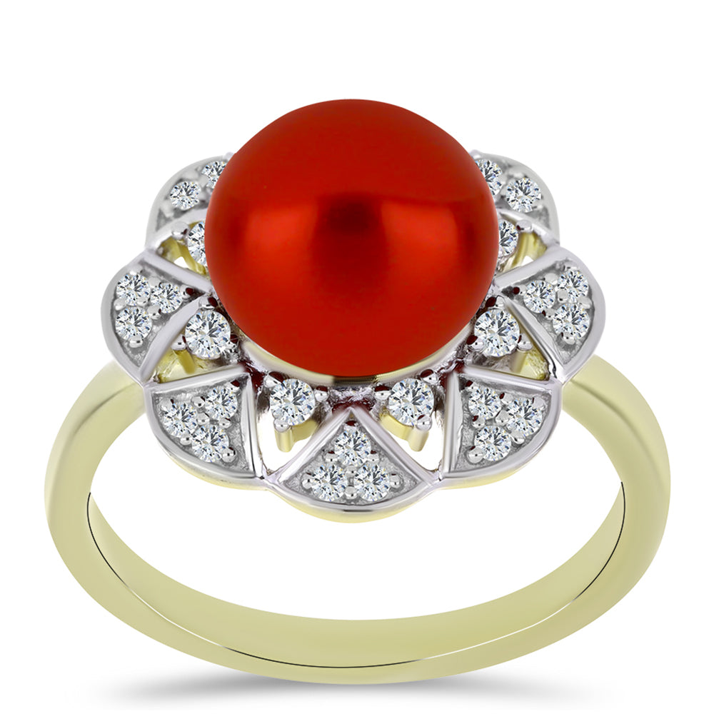 Arannyal Bevont Ezüst Gyűrű Vörös Édesvízi Kagylógyönggyel és Fehér Topázzal