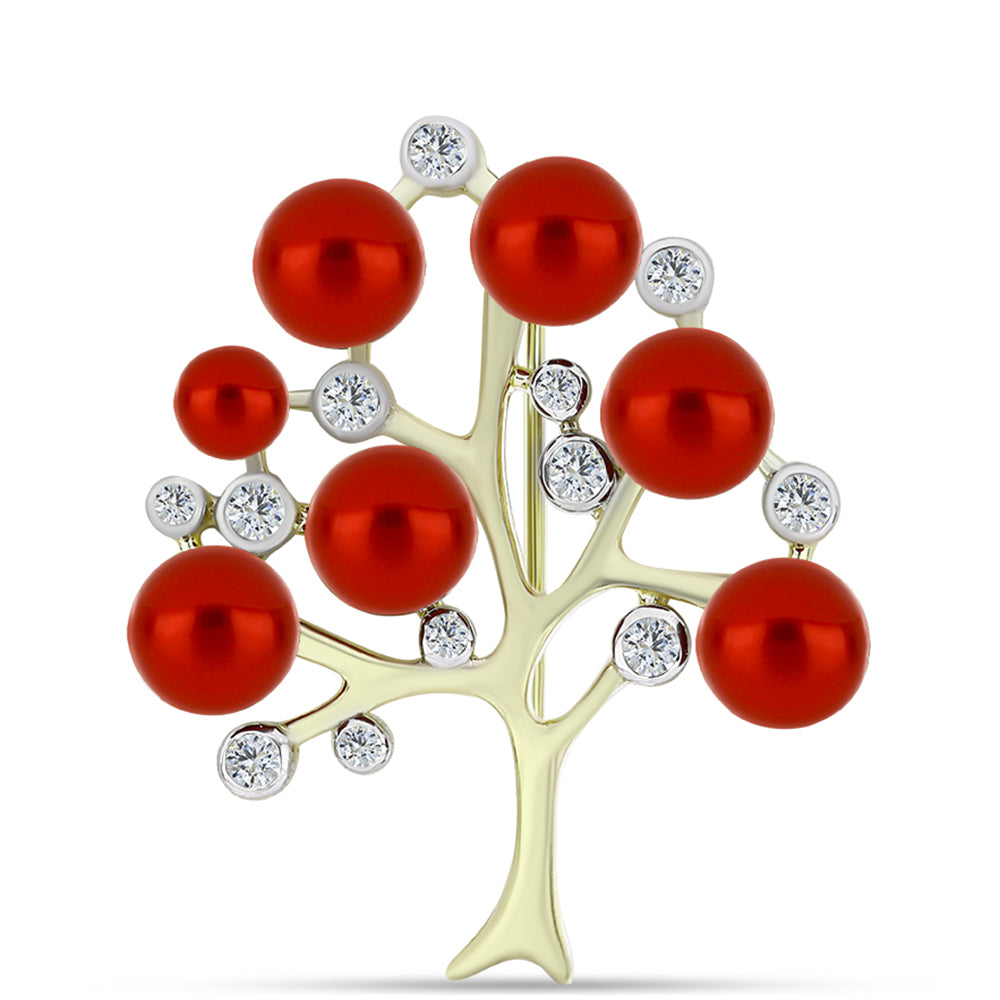 Arannyal Bevont Ezüst Bross Vörös Édesvízi Kagylógyönggyel és Fehér Topázzal 1 