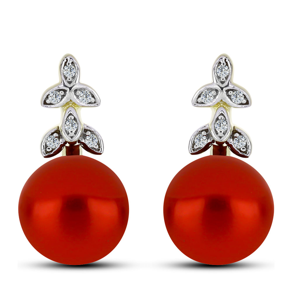 Arannyal Bevont Ezüst Fülbevaló Vörös Édesvízi Kagylógyönggyel és Fehér Topázzal