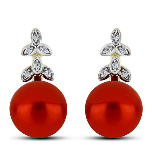 Arannyal Bevont Ezüst Fülbevaló Vörös Édesvízi Kagylógyönggyel és Fehér Topázzal