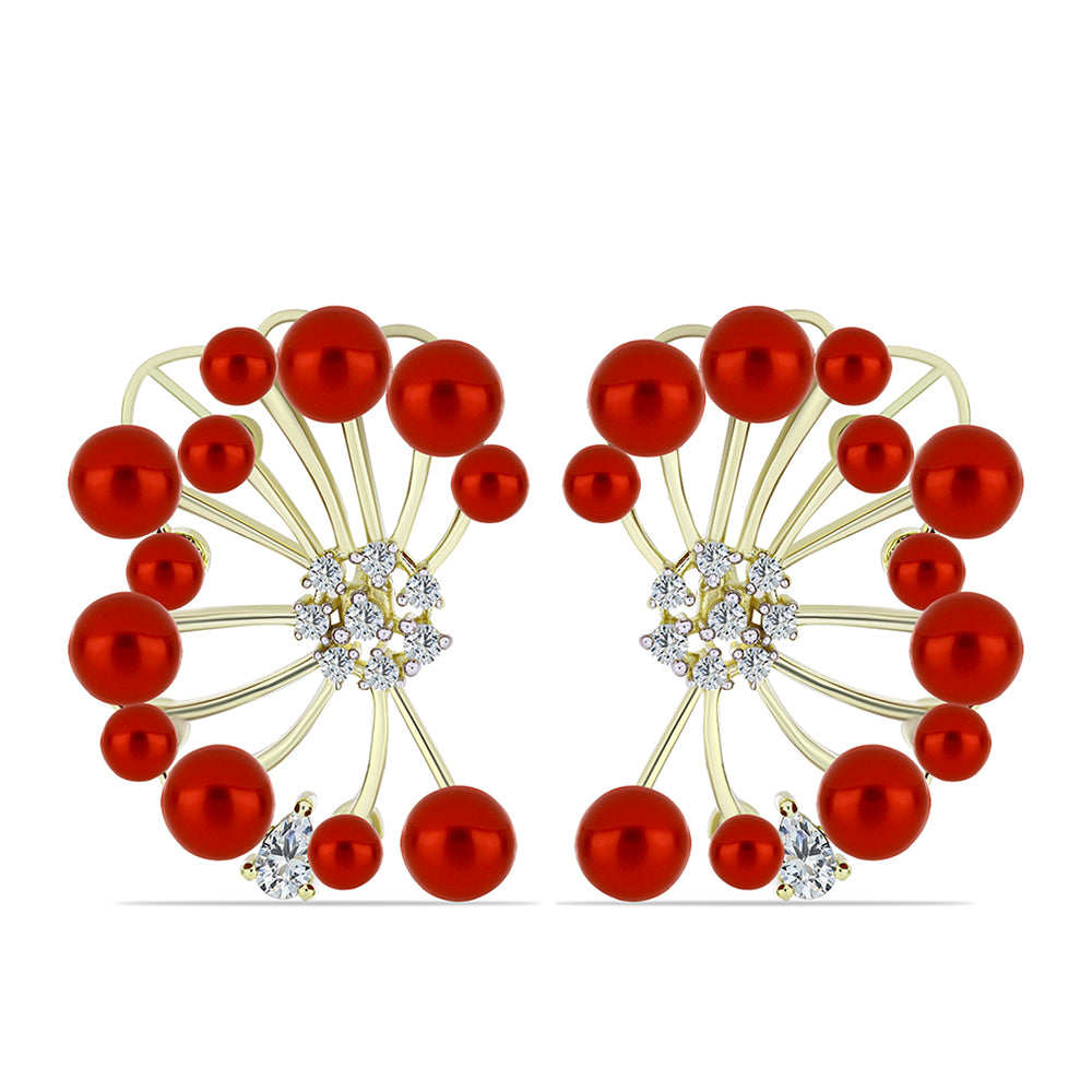 Arannyal Bevont Ezüst Fülbevaló Vörös Édesvízi Kagylógyönggyel és Fehér Topázzal 1 