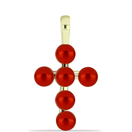 Kereszt Arannyal Bevont Ezüst Medál Vörös Édesvízi Kagylógyönggyel