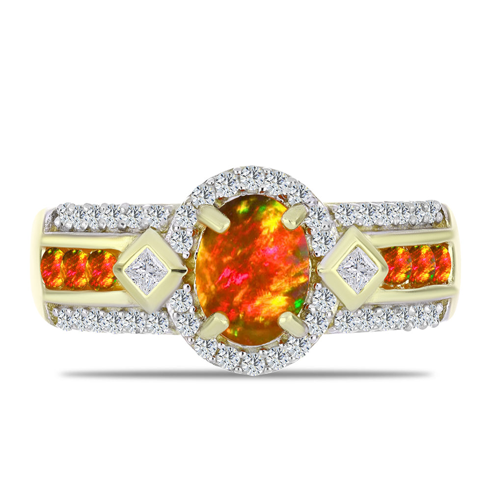 Arannyal Bevont Ezüst Gyűrű Amerikai Tűzopállal és Fehér Topázzal 1 