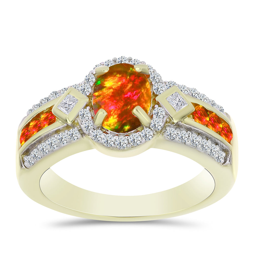 Arannyal Bevont Ezüst Gyűrű Amerikai Tűzopállal és Fehér Topázzal 3 