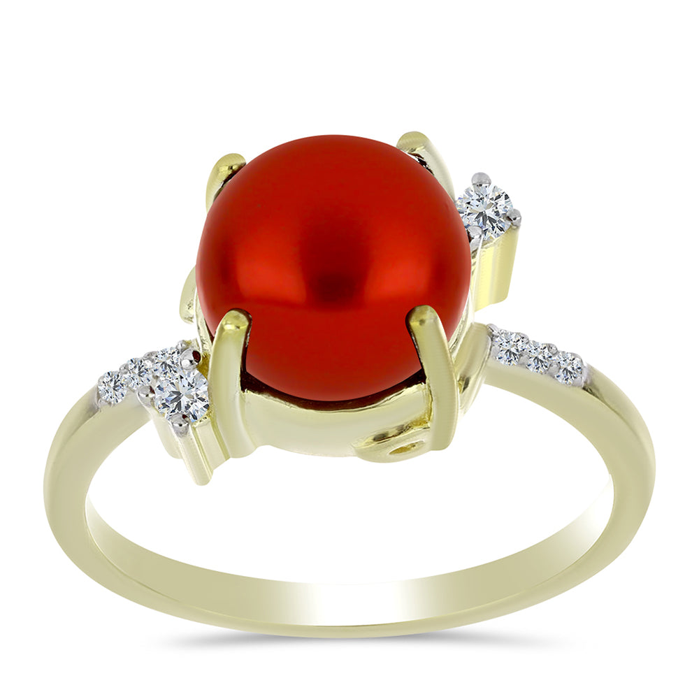 Arannyal Bevont Ezüst Gyűrű Vörös Édesvízi Kagylógyönggyel és Fehér Topázzal