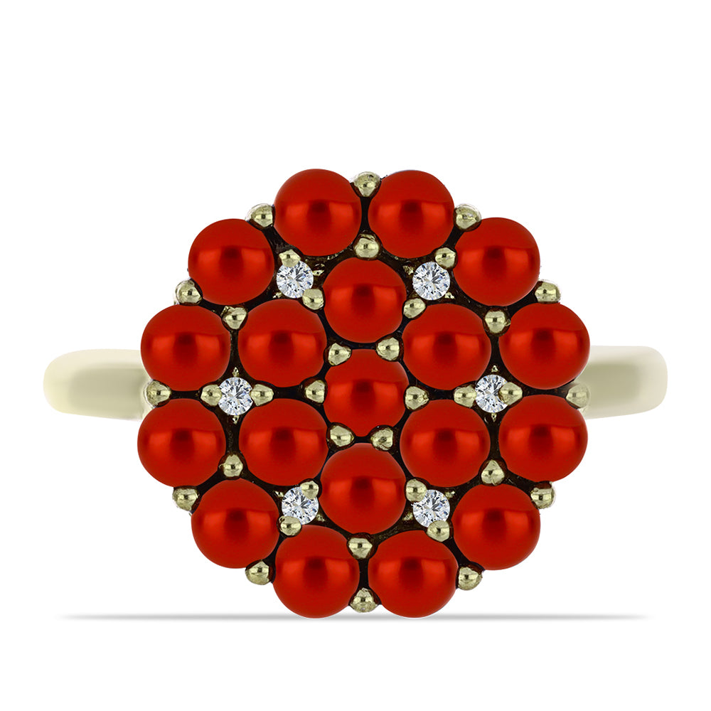 Arannyal Bevont Ezüst Gyűrű Vörös Édesvízi Kagylógyönggyel és Fehér Topázzal