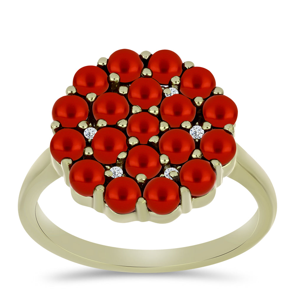 Arannyal Bevont Ezüst Gyűrű Vörös Édesvízi Kagylógyönggyel és Fehér Topázzal 3 