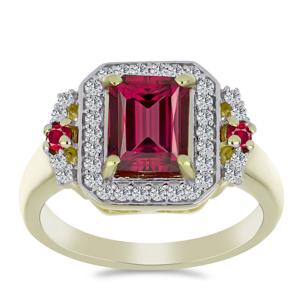 Arannyal Bevont Ezüst Gyűrű Madagaszkári Rubinnal és Fehér Topázzal