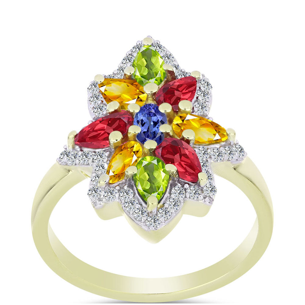 Arannyal Bevont Ezüst Gyűrű Rosebery Szivárvány Zafírral és Fehér Topázzal