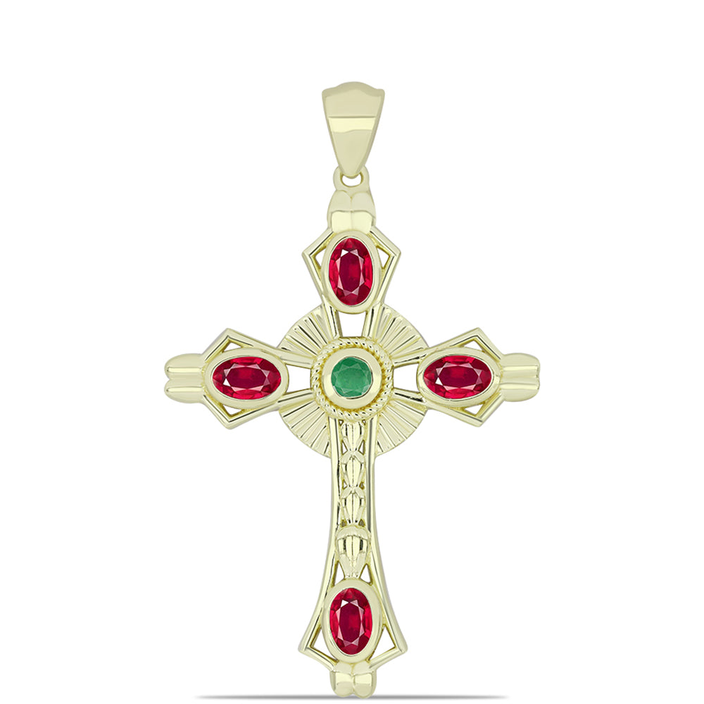 Kereszt Arannyal Bevont Ezüst Medál Madagaszkári Rubinnal és Brazil Smaragddal