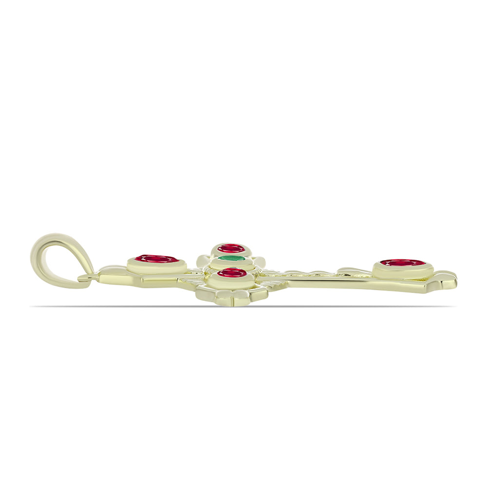 Kereszt Arannyal Bevont Ezüst Medál Madagaszkári Rubinnal és Brazil Smaragddal