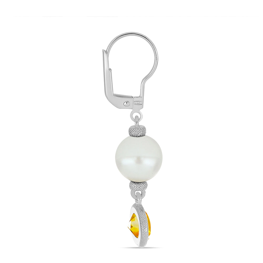 Ezüst Fülbevaló Ural Citrinnel és Fehér Édesvízi Kagylógyönggyel