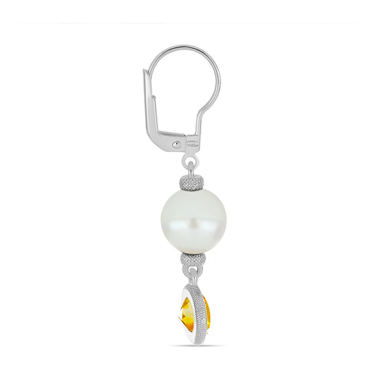 Ezüst Fülbevaló Ural Citrinnel és Fehér Édesvízi Kagylógyönggyel