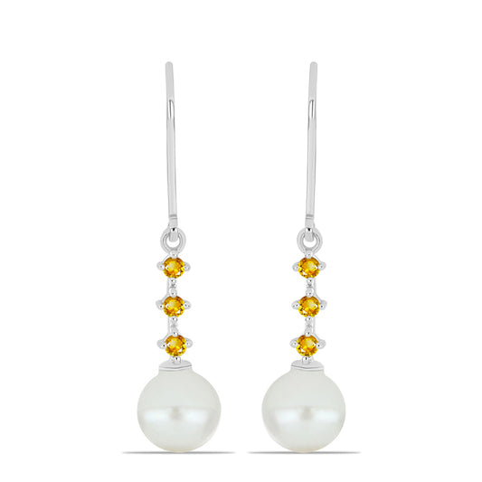 Ezüst Fülbevaló Ural Citrinnel és Fehér Édesvízi Kagylógyönggyel