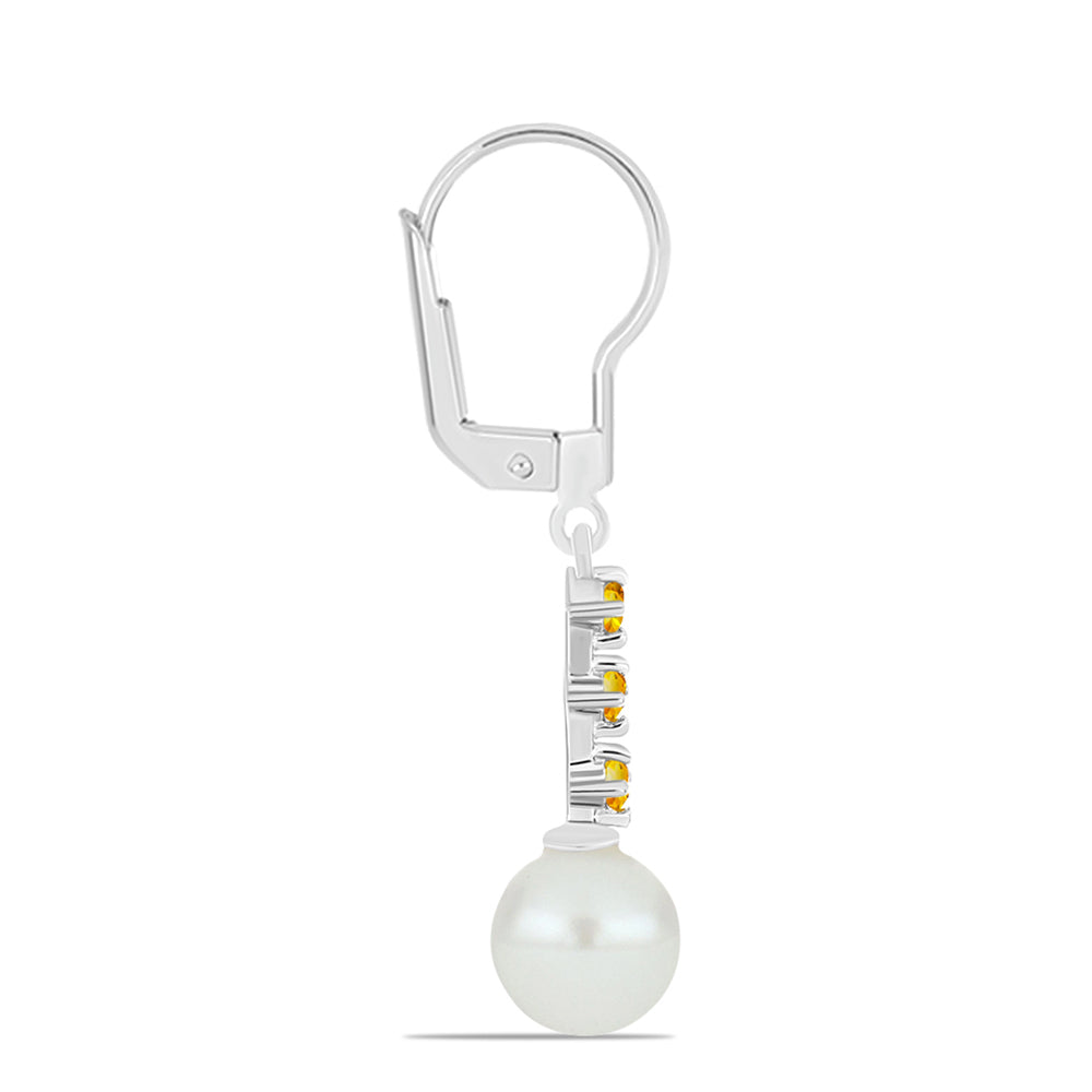 Ezüst Fülbevaló Ural Citrinnel és Fehér Édesvízi Kagylógyönggyel
