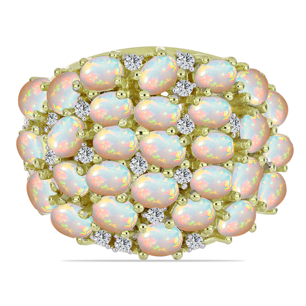 Arannyal Bevont Ezüst Gyűrű Etiópiai Opállal és Fehér Topázzal