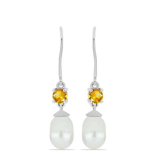 Ezüst Fülbevaló Ural Citrinnel és Fehér Édesvízi Kagylógyönggyel