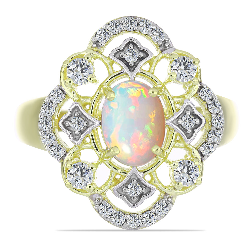 Arannyal Bevont Ezüst Gyűrű Etiópiai Opállal és Fehér Topázzal