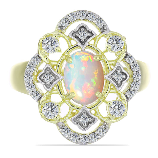 Arannyal Bevont Ezüst Gyűrű Etiópiai Opállal és Fehér Topázzal