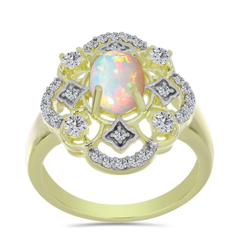 Arannyal Bevont Ezüst Gyűrű Etiópiai Opállal és Fehér Topázzal