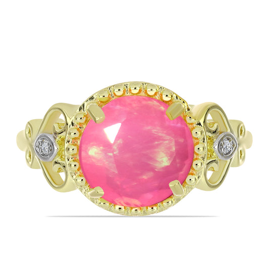Arannyal Bevont Ezüst Gyűrű Rózsaszínű Lega Dembi Etióp Opállal és Fehér Topázzal