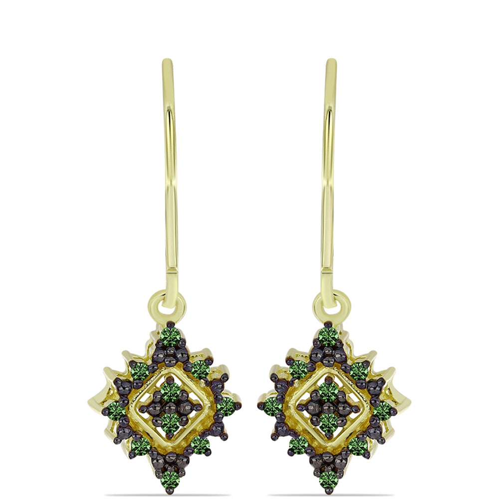 Arannyal Bevont Ezüst Fülbevaló Zöld Gyémánttal