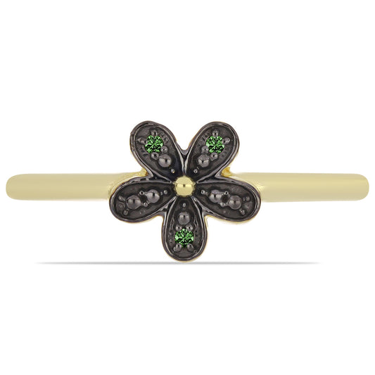 Arannyal Bevont Ezüst Gyűrű Zöld Gyémánttal