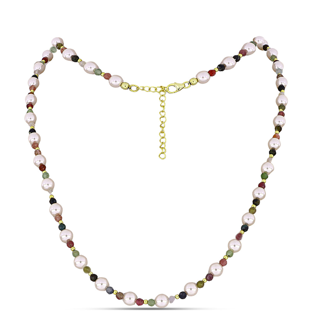 Arannyal Bevont Ezüst Nyaklánc Csakra Tourmalinnal és Fehér Édesvízi Kagylógyönggyel 1 