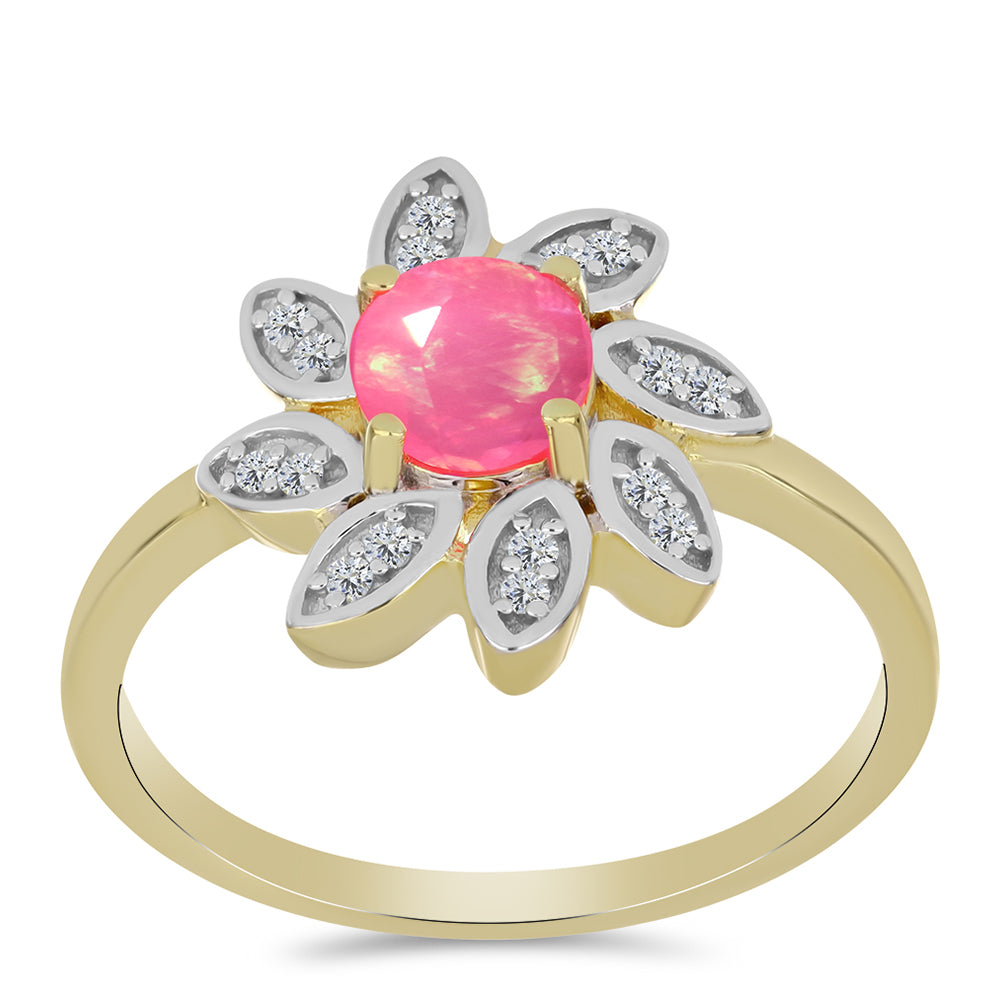 Arannyal Bevont Ezüst Gyűrű Rózsaszínű Lega Dembi Etióp Opállal és Fehér Topázzal