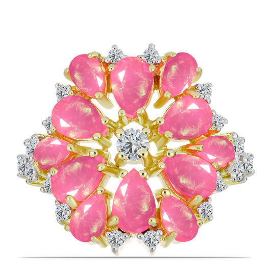 Arannyal Bevont Ezüst Gyűrű Rózsaszínű Lega Dembi Etióp Opállal és Fehér Topázzal