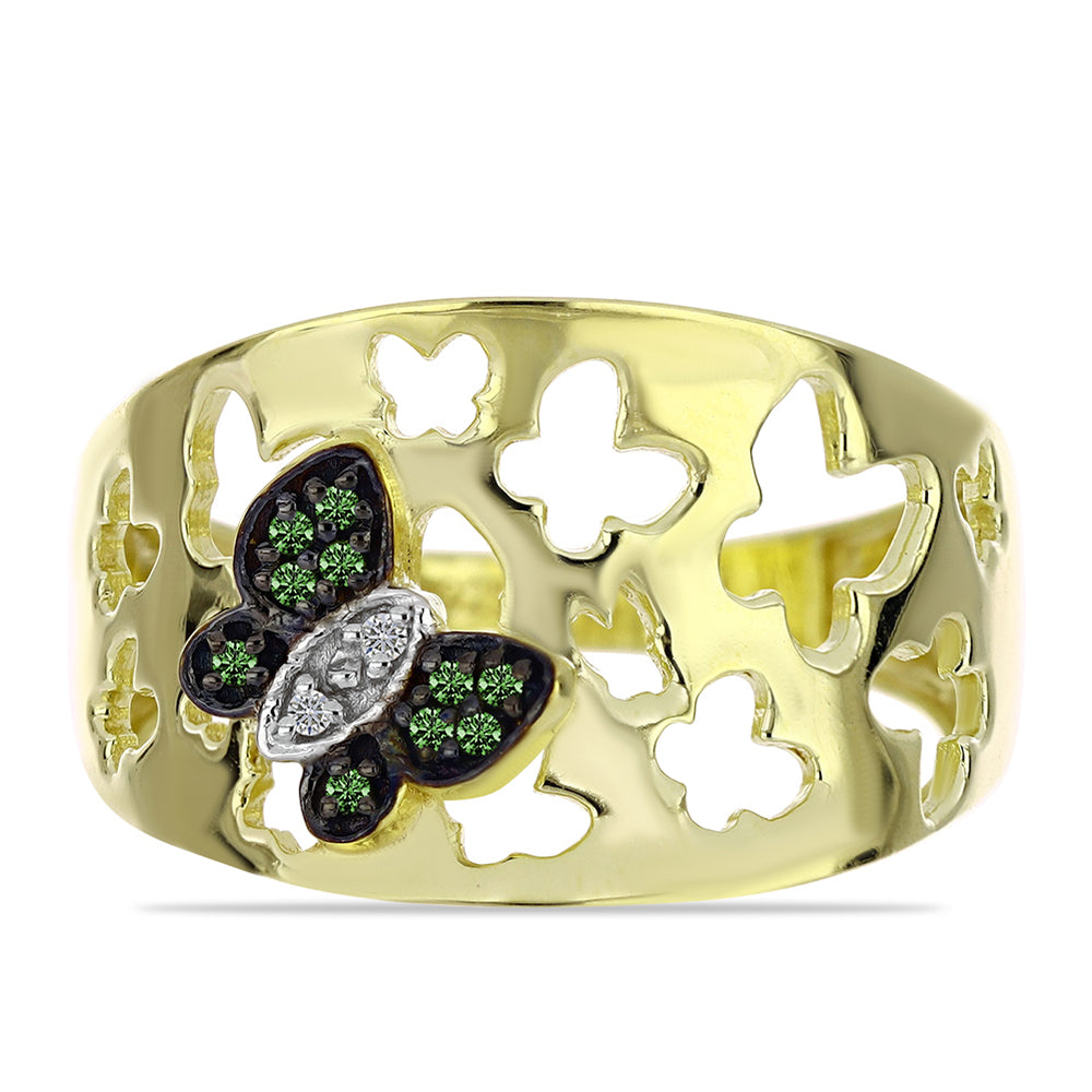 Arannyal Bevont Ezüst Gyűrű Zöld Gyémánttal és Fehér Gyémánttal 1 