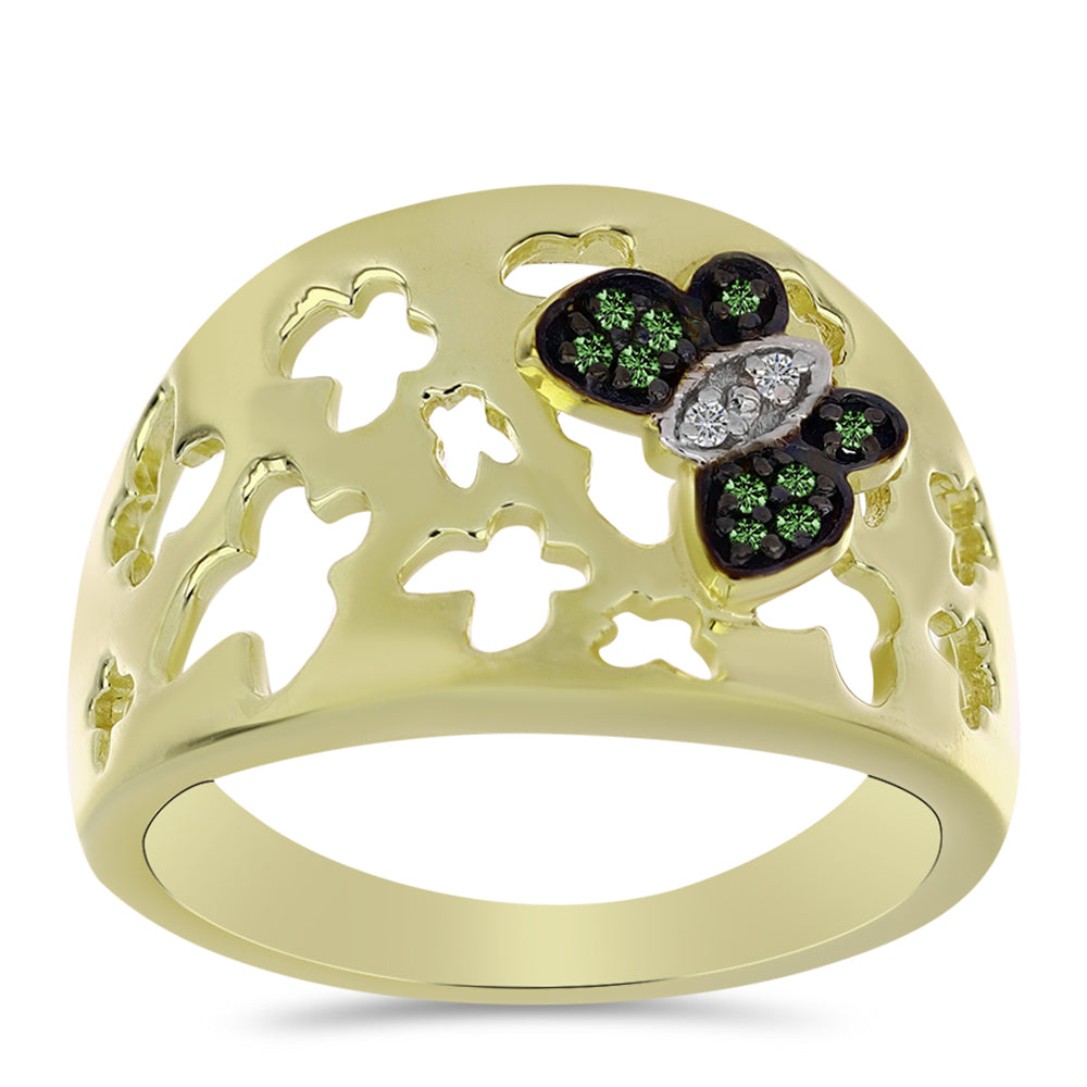 Arannyal Bevont Ezüst Gyűrű Zöld Gyémánttal és Fehér Gyémánttal 3 