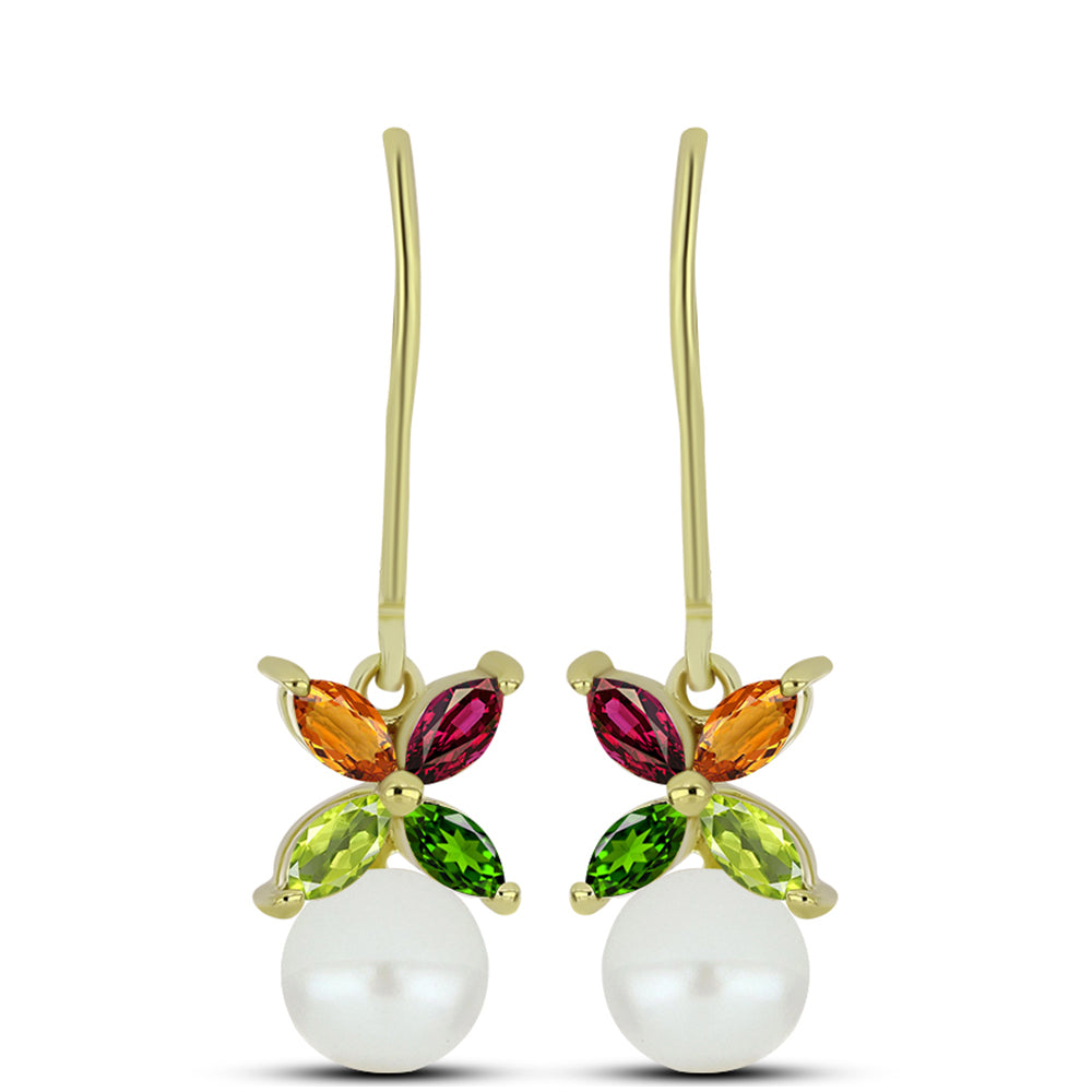 Arannyal Bevont Ezüst Fülbevaló Csakra Tourmalinnal és Fehér Édesvízi Kagylógyönggyel