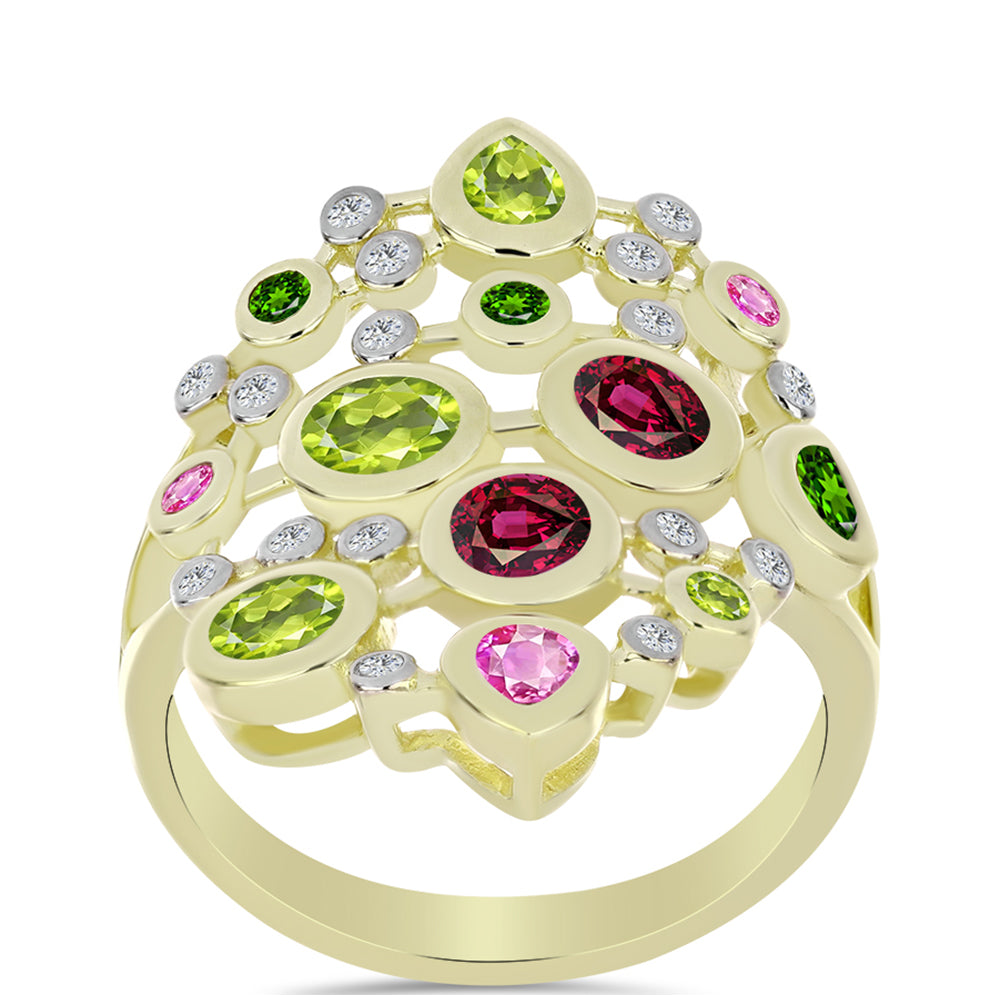 Arannyal Bevont Ezüst Gyűrű Csakra Tourmalinnal és Fehér Topázzal 3 