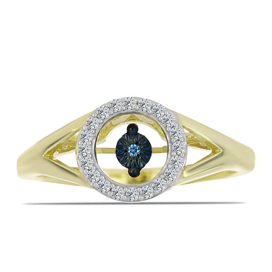 Arannyal Bevont Ezüst Gyűrű Kék Táncoló Gyémánttal és Fehér Topázzal