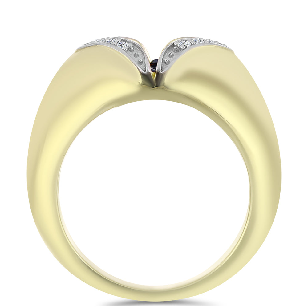 Arannyal Bevont Ezüst Gyűrű Kék Táncoló Gyémánttal és Fehér Topázzal